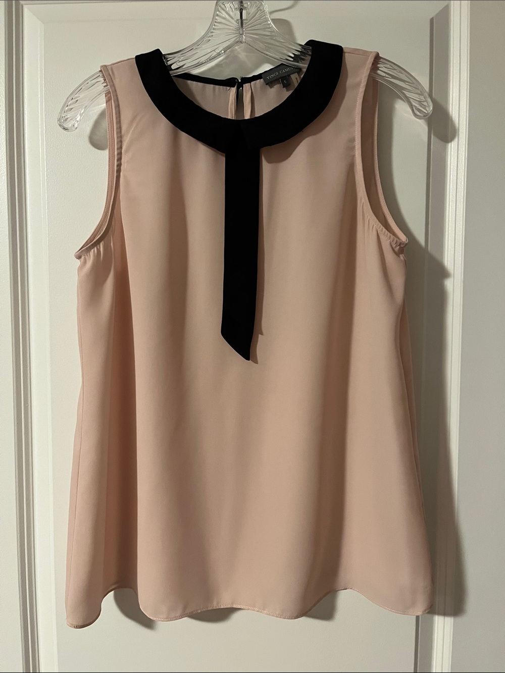 Vince Camuto Blush Pink Sleeveless Top with Black Tie Collar